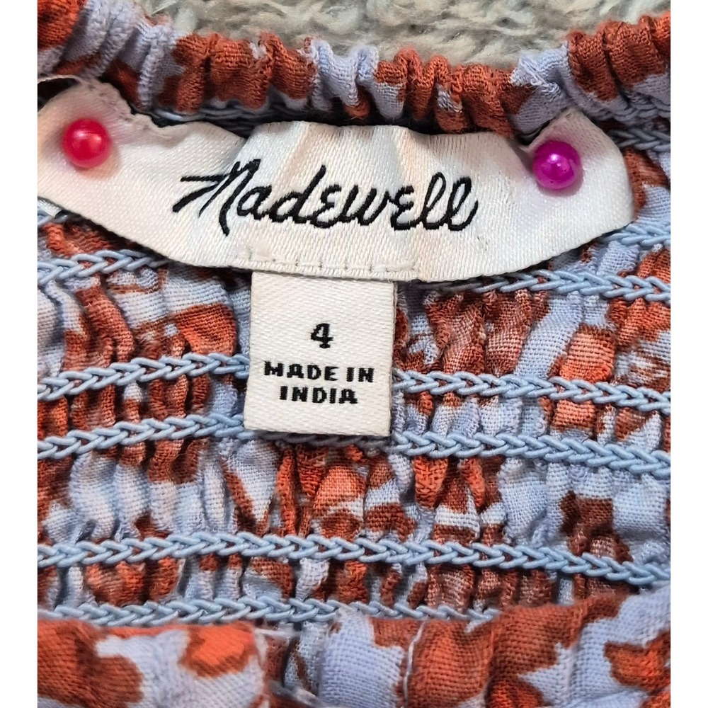 Madewell Floral Button Front Smocked Back Puff Sleeve Top Rust Blue Size 4 - Picture 3 of 7